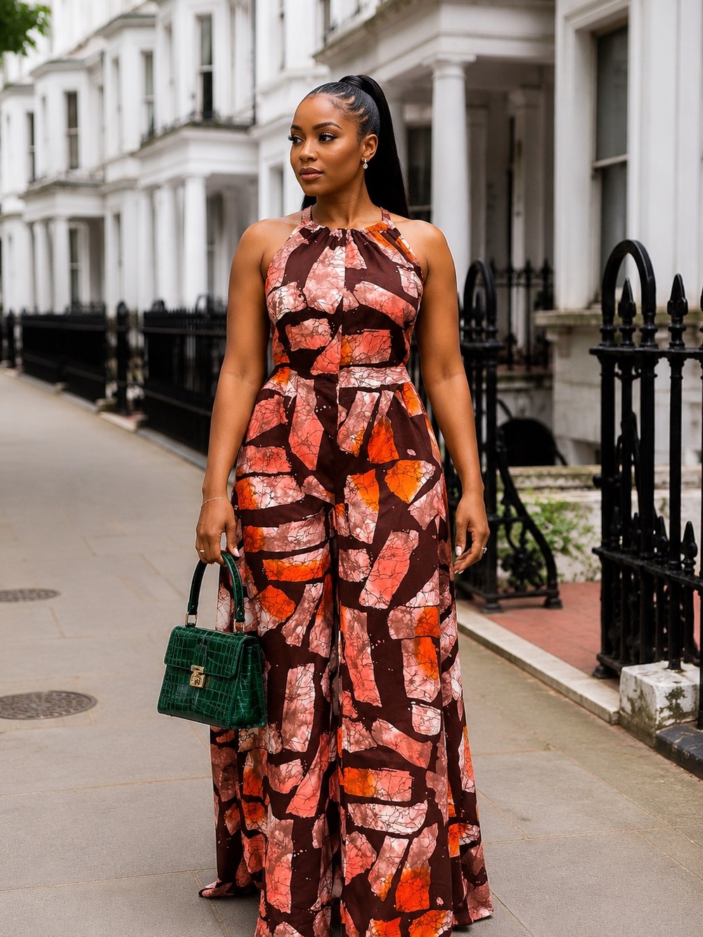 Halter-Neck Wide-Leg Jumpsuit in Rust Multi Print - Picture 3 of 15